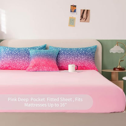 RYNGHIPY 6Pcs Gradient Glitter Comforter Sets for Teen Girls Full Size, Colorful Rainbow All-Season Coverlet Set, Ultra Soft Bedding Collections
