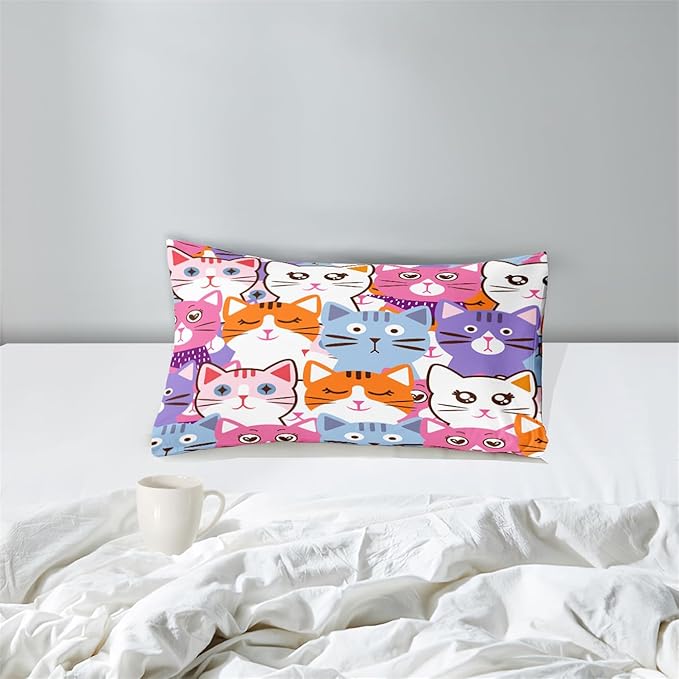Cartoon Cat Bedding Set - 2Pcs Cute Cat Comforter Set for Bedroom Kids Boys Girls Cat Bedding Decor for All-Season Colorful Kitten Pattern Lovely Animal 1 Cat Comforter with 1 Pillowcase, Twin Size