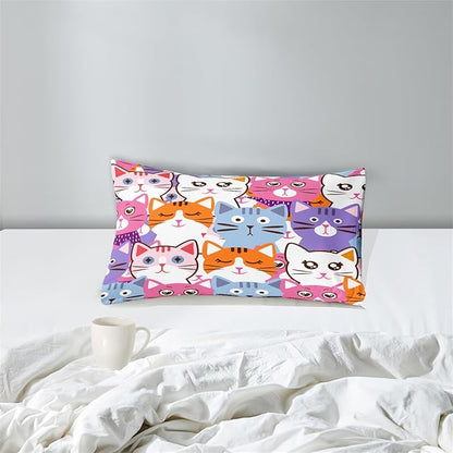 Cartoon Cat Bedding Set - 2Pcs Cute Cat Comforter Set for Bedroom Kids Boys Girls Cat Bedding Decor for All-Season Colorful Kitten Pattern Lovely Animal 1 Cat Comforter with 1 Pillowcase, Twin Size