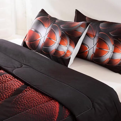 Teens Boys Sports Comforter Set Twin,Basketball Bedding Set for Kids,Sports Orange Basketball Comforter Sets,Black Teenage Boy Bedroom Bed Set 3 Pieces with Pillowcases