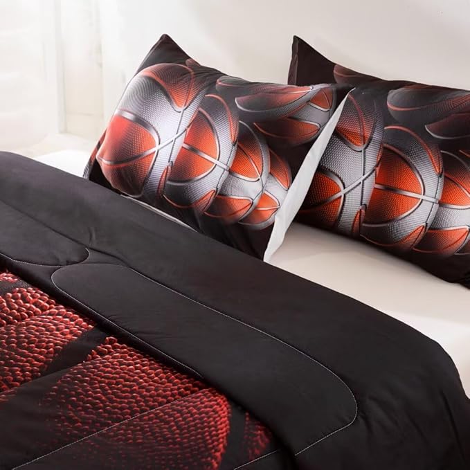 Teens Boys Sports Comforter Set Queen,Basketball Bedding Set for Kids,Sports Orange Basketball Comforter Sets,Black Teenage Boy Bedroom Bed Set 3 Pieces with Pillowcases