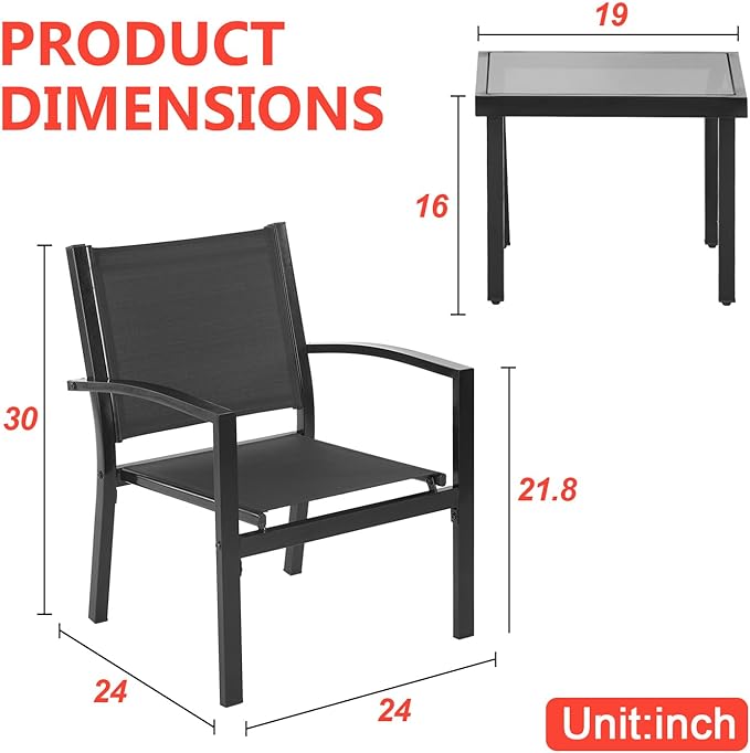 FDW 3 Pieces Patio Furniture Set, Outdoor Garden Patio Conversation Sets with Glass Top Table & 2 Lawn Chairs Outdoor Bistro Set, for Backyard Lawn Porch Garden Poolside Balcony
