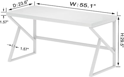 HSH White Computer Desk, Modern Wood Home Office Desk, PC Desk for Executive Work Writing Study Gaming Student Bedroom, Farmhouse Simple Wooden and Metal Computer Table Workstation, White Oak 55 Inch