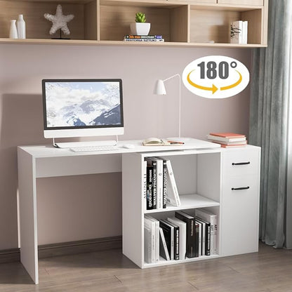 L-Shaped Rotating Computer Desk 68 inch with Storage Shelves Home Office Corner Desk with Drawers and File Cabinet Multipurpose Study Writing Table for Bedroom Small Space White