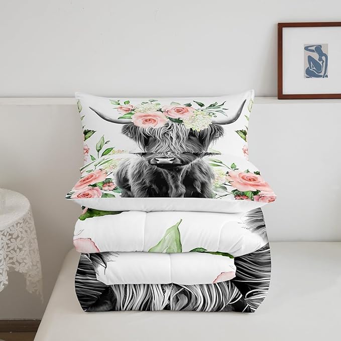 Feelyou Highland Cow Bedding Set Kids Rose Floral Bull Cattle Comforter Set for Girls Teens Western Wildlife Animal Comforter Farmhouse Duvet Set Room Decor Quilt Set Queen Size