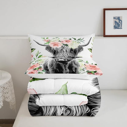 Feelyou Highland Cow Bedding Set Kids Rose Floral Bull Cattle Comforter Set for Girls Teens Western Wildlife Animal Comforter Farmhouse Duvet Set Room Decor Quilt Set King Size