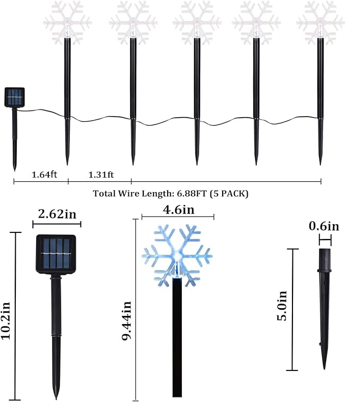 Christmas Snowflake Pathway Lights, 5 Pack Solar Christmas Stake Markers with Cool White Fairy Lights for Outdoor Holiday Walkway Patio Garden Christmas Decorations (5PCS-Cool White-Snow)