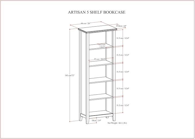 SIMPLIHOME Artisan SOLID WOOD 26 Inch Contemporary 5 Shelf Bookcase in Russet Brown, For the Living Room, Study Room and Office