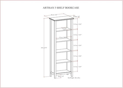 SIMPLIHOME Artisan SOLID WOOD 26 Inch Contemporary 5 Shelf Bookcase in Russet Brown, For the Living Room, Study Room and Office