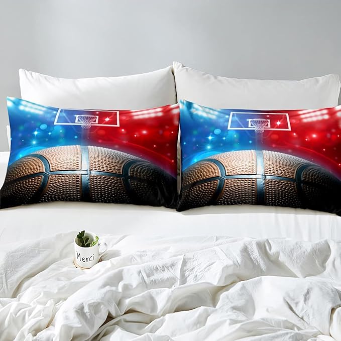 Erosebridal Basketball Comforter Set Queen for Kids Boys Teens Men,Sport Basketball Bedding Set Ball Games Down Comforter Red Blue Basketball Court Quilt Duvet Set Sports Room Decor 2 Pillow Cases