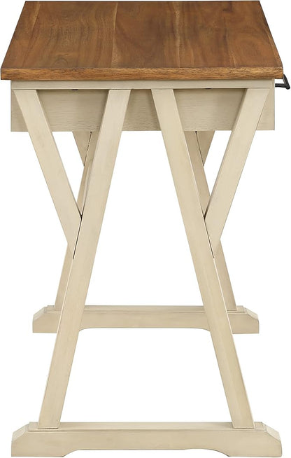 OSP Home Furnishings Jericho Rustic 42 Inch Writing Desk with 2 Drawers and Burnished Decorative Hardware, Antique White