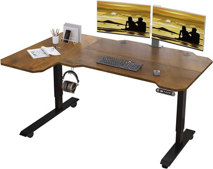Adjustable Height L-Shaped 59 Inch Electric Standing Desk - Sit Stand Computer Desk with 3 Splice Board, Lockable Casters, Stand Up Desk Table for Home Office, Black Frame and Rustic Brown Top