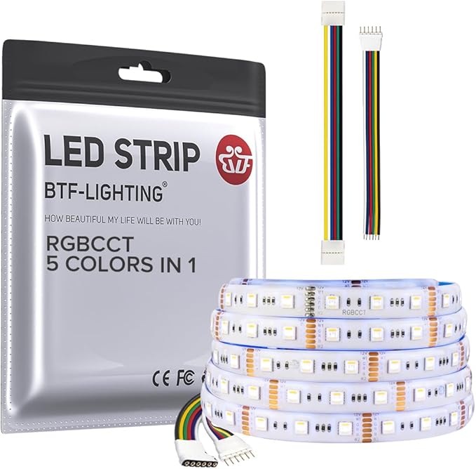 BTF-LIGHTING RGBCCT 5 Colors in 1 LED 5050SMD RGBWW RGB+Dimmable Tunable Color Temperature 2700K-6500K 16.4ft 60LEDs/m 300LEDs DC12V Multi-Colored Tape Lights IP65 White PCB(No Adapter or Controller)