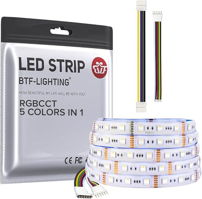 BTF-LIGHTING RGBCCT 5 Colors in 1 LED 5050SMD RGBWW RGB+Dimmable Tunable Color Temperature 2700K-6500K 16.4ft 60LEDs/m 300LEDs DC12V Multi-Colored Tape Lights IP65 White PCB(No Adapter or Controller)