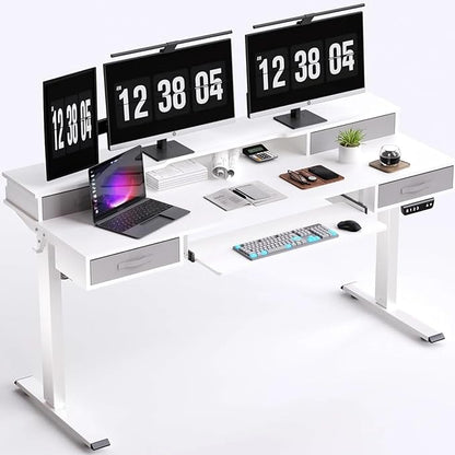 Electric Standing Desk, Multifunctional Standing Desk Adjustable Height, 63 * 24 Standing Desk with 4 Drawers, Ergonomic Adjustable Standing Desk with Keyboard Tray, Snow White