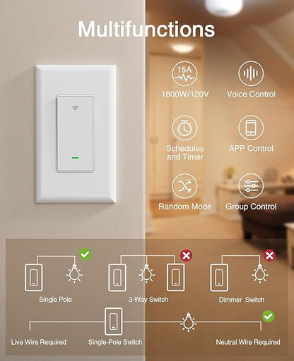 GHome Smart Switch,Smart Wi-Fi Light Switch Compatible with Alexa and Google Assistant 2.4Ghz, Single-Pole,Neutral Wire Required,UL Certified,Remote/Voice Control, No Hub Required (3 Pack)