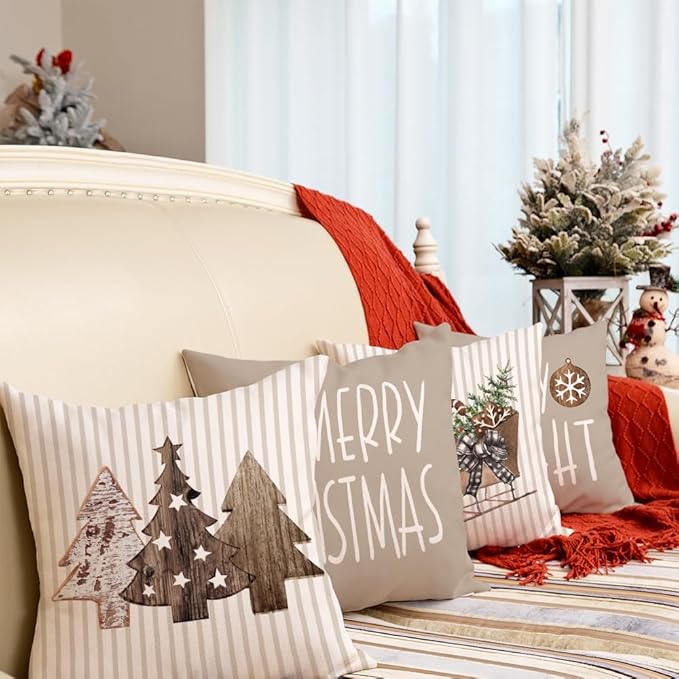 GEEORY Christmas Pillow Covers 16 x 16 Inch Set of 4, Striped Wooden Tree Snow Sleigh Merry Bright Xmas Holiday Decor Decorative Throw Cushion Case Decoration for Home Party Sofa Couch (Brown)