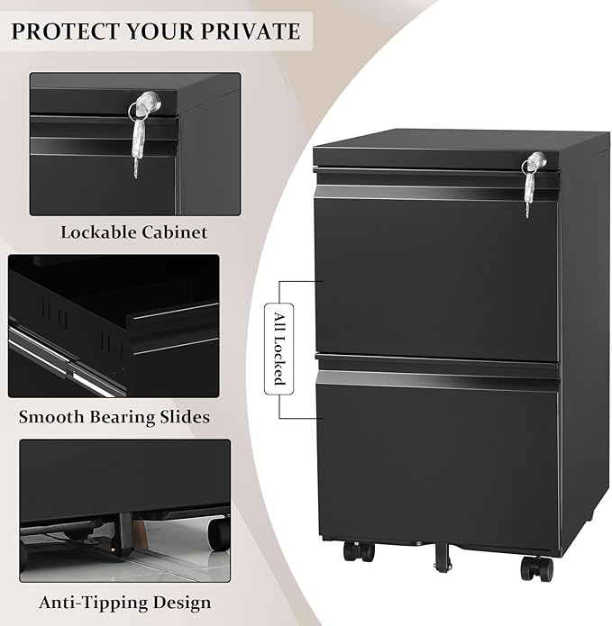 2-Drawer Mobile File Cabinets Rolling Metal Filing Cabinet for Legal & Letter File Anti-tilt Design with Lock Under Desk Office Drawers Fully Assembled Except Casters Black