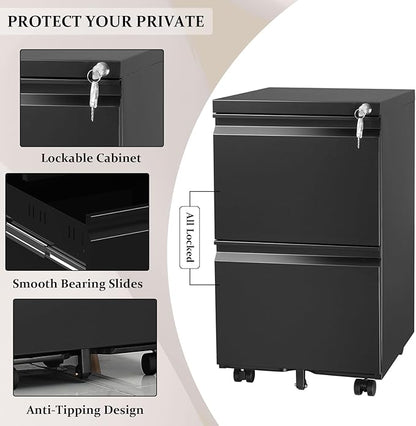 2-Drawer Mobile File Cabinets Rolling Metal Filing Cabinet for Legal & Letter File Anti-tilt Design with Lock Under Desk Office Drawers Fully Assembled Except Casters Black