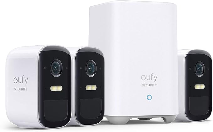 eufy security, eufyCam 2C Pro 3-Cam Kit, Wireless Home Security System with 2K Resolution, 180-Day Battery Life, HomeKit Compatibility, IP67, Night Vision, and No Monthly Fee.