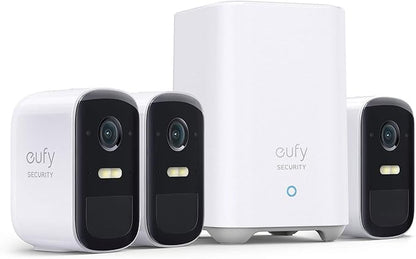 eufy security, eufyCam 2C Pro 3-Cam Kit, Wireless Home Security System with 2K Resolution, 180-Day Battery Life, HomeKit Compatibility, IP67, Night Vision, and No Monthly Fee.