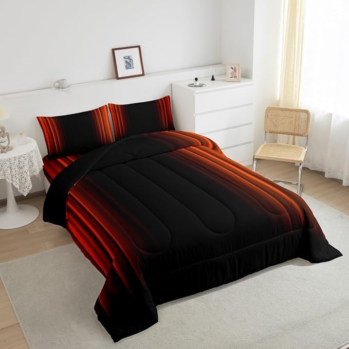 Geometric Abstract Ombre Comforter Set Kids Teens Orange Red and Black Striped Bedding Bed Set Decor Modern Fashion Comforter Inner Fill Bedroom Collection 3Pcs Full Size