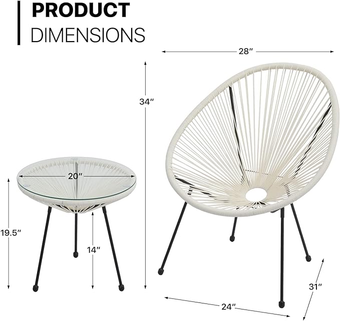 MoNiBloom 3 Piece Outdoor Acapulco Set All-Weather Patio Balcony Conversation Bistro Outside Set with Glass Top Table and 2 Chairs for Indoor Patio Lawn Garden, Weight Capacity 250 lbs, White