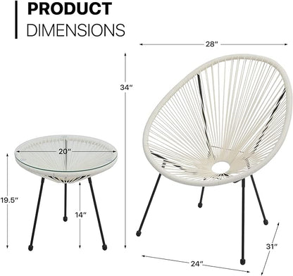 MoNiBloom 3 Piece Outdoor Acapulco Set All-Weather Patio Balcony Conversation Bistro Outside Set with Glass Top Table and 2 Chairs for Indoor Patio Lawn Garden, Weight Capacity 250 lbs, White