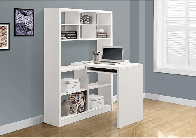 Monarch Specialties 7022, Home Office, Bookcase, Storage Shelves, Set-up, L Shape, Work, Laptop, Laminate, White Computer Desk Left Or Right Facing Corner, 35.5" L x 38" W x 60" H