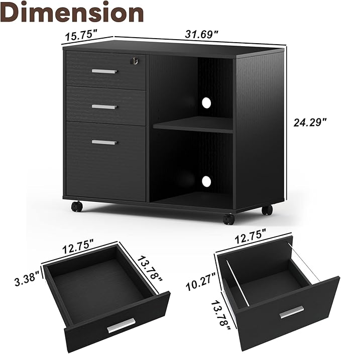 Maxtown Wood Filing Cabinet, Mobile Lateral Filing Cabinet with Lock, 3 Drawer Filing Cabinet with Open Storage Shelves, Printer Stand with Storage, Oak Grain