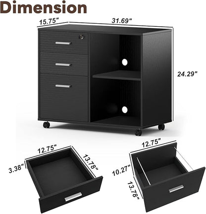 Maxtown Wood Filing Cabinet, Mobile Lateral Filing Cabinet with Lock, 3 Drawer Filing Cabinet with Open Storage Shelves, Printer Stand with Storage, Oak Grain