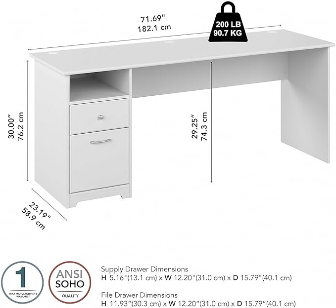 Bush Furniture Cabot Desks for Home Office with Storage and Chrome Hardware | Elegant Computer Table with Drawers, 72W, White