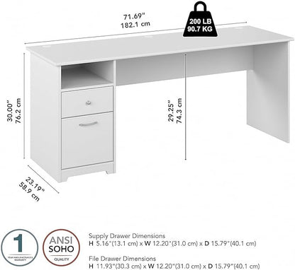 Bush Furniture Cabot Desks for Home Office with Storage and Chrome Hardware | Elegant Computer Table with Drawers, 72W, White