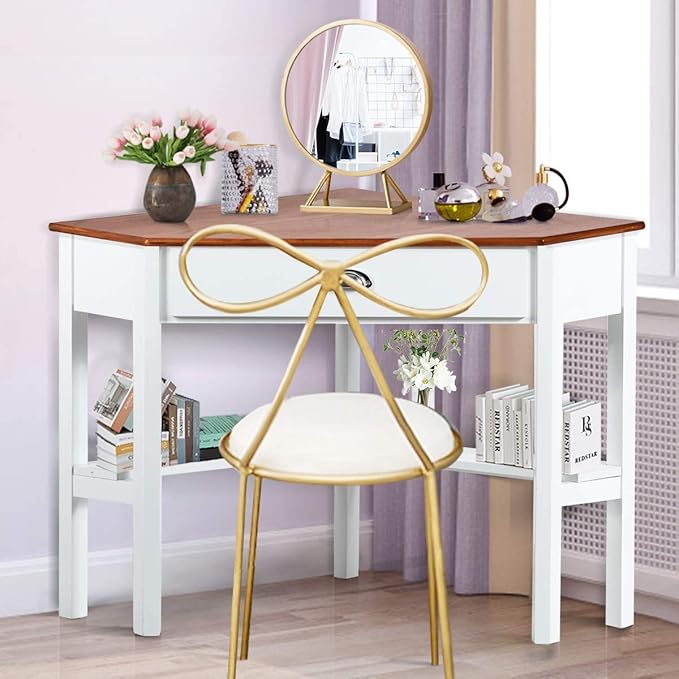 Nightcore Small, Wood Computer Desk, Compact Writing w/Drawer & Storage Shelves, Space Saving Study Workstation, Laptop PC Corner Table, Natural