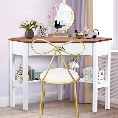 Nightcore Small, Wood Computer Desk, Compact Writing w/Drawer & Storage Shelves, Space Saving Study Workstation, Laptop PC Corner Table, Natural