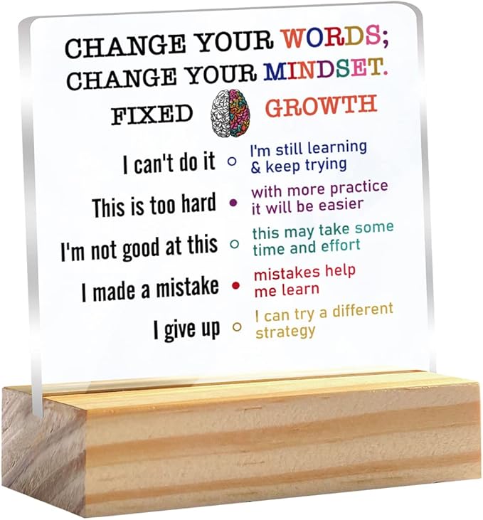 Growth Mindset Gift Change Your Words Change Your Mindset Clear Desk Decorative Sign Keepsake Present Positive Acrylic Plaque with Wooden Stand Sign Desk Decor for Home Office