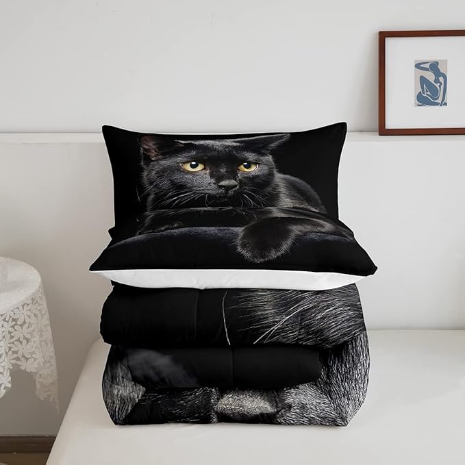 Erosebridal Black Cat Bedding Set Queen Size 3D Cat Comforter Set for Kids Girls Boys Cat Lover Cute Farmhouse Domestic Pet Animal Down Comforter Cute Cat Quilt Set Soft Warm Duvet Set Bedroom Decor