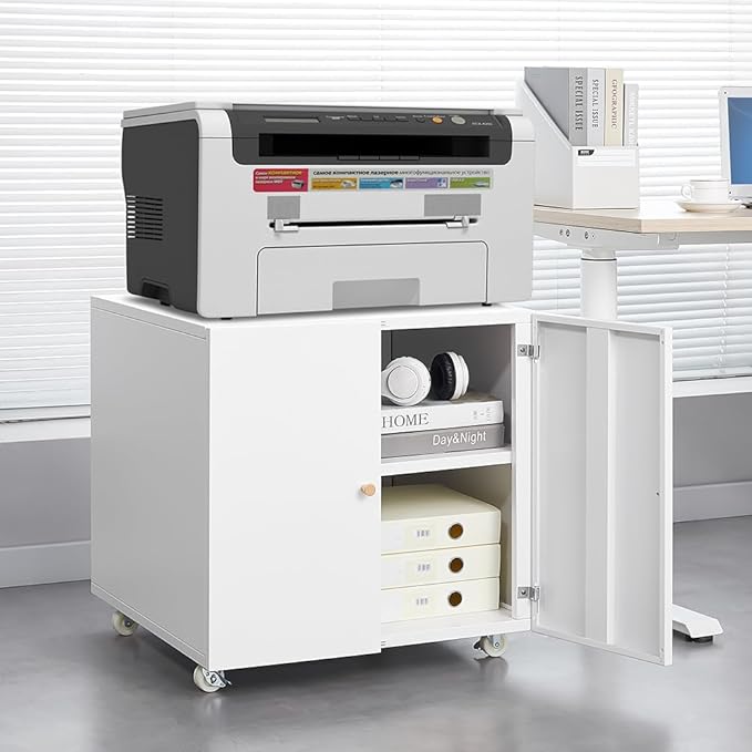 23.62" Metal Office Copier 2 Door and 360 ° Universal Wheel,Mobile Lateral Filing Cabinets w/Aluminum Alloy Handle,Rolling Printer Stand for Legal/Letter/A4,White