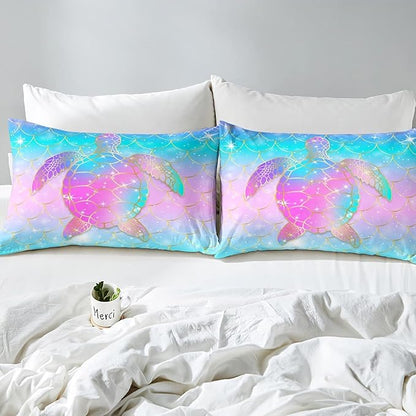 Erosebridal Mermaid Scales Comforter Set for Girls, Tortoise Reptile Bedding Set Queen Size, Sea Turtle Ocean Life Duvet Sets for Kids Children Boys Women, Sweet Girly Down Comforter, Teal Blue