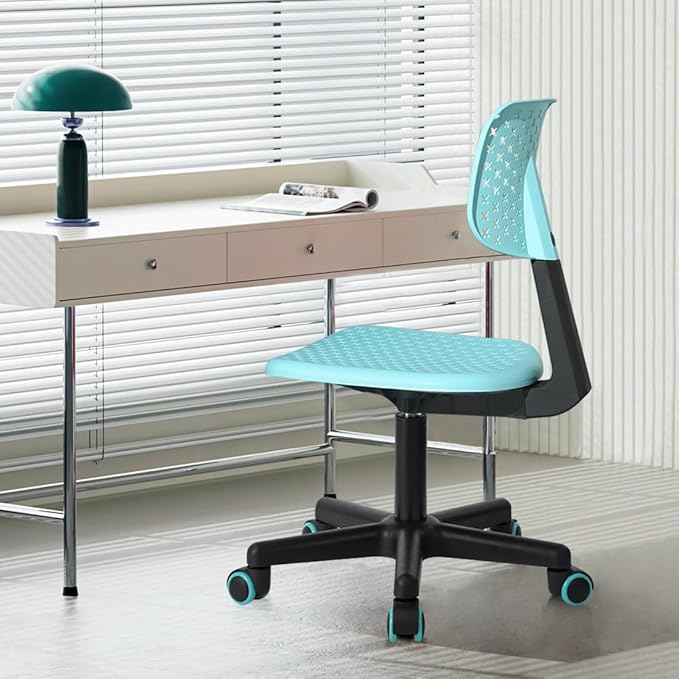 Desk Chair Armless Cute Office Chair, Low Back Rolling Home Office Task Chair Adjustable Swivel Study Chair for Girls Teens Adults Children Kids, Turquoise
