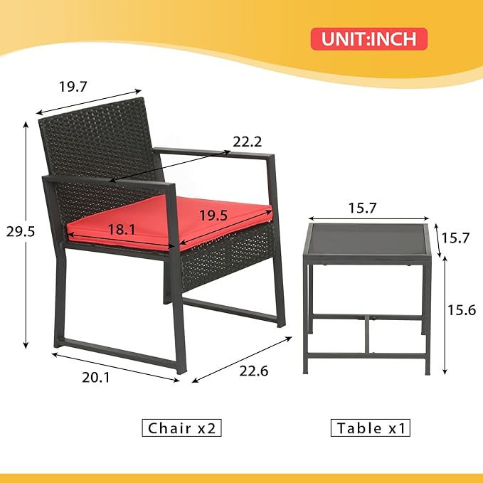 FDW Patio Furniture Sets 3 Piece Outdoor Bistro Set Wicker Patio Chairs Rattan Outdoor Furniture for Backyard Porch Poolside Lawn,Red Cushion