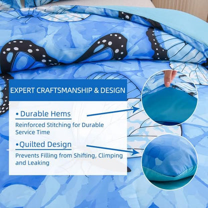 Btargot 3 Piece Blue Butterfly Girls Kids Adults Queen Size Comforter Set, Lightweight Soft All Season Bedding Set with 2 Pillowcases
