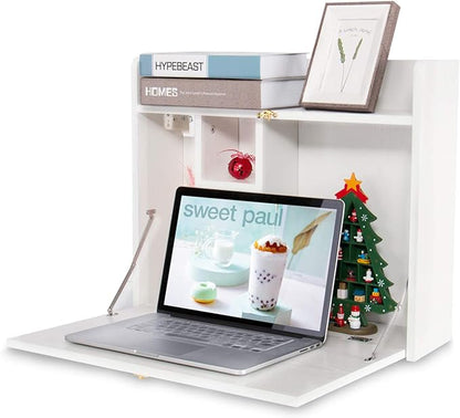 YUSING Wall Mounted Table, Multifunctional Fold Down Wall Mounted Laptop Computer Desk with Storage Compartments for Home, Office, White
