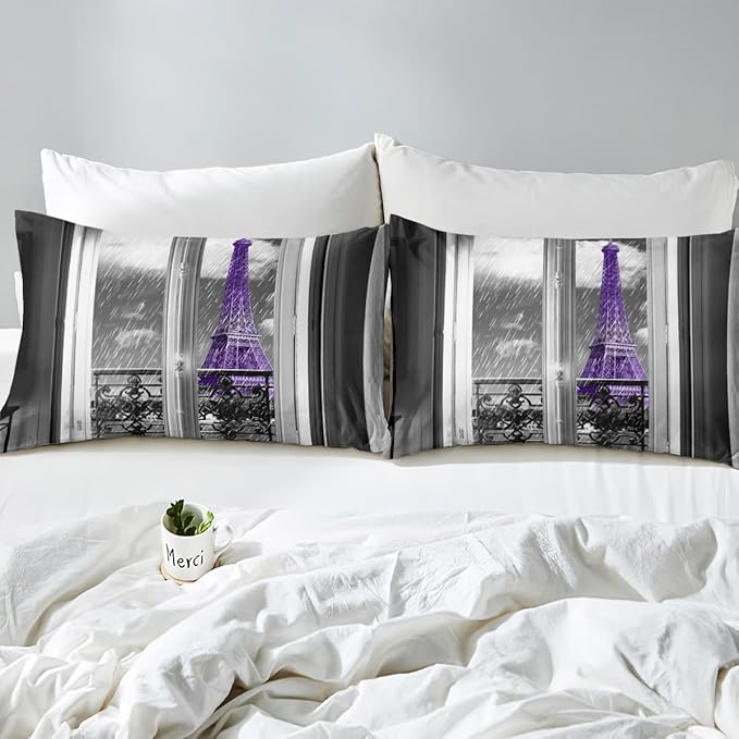 Erosebridal Purple Eiffel Tower Comforter Set Twin,Vintage France Paris Bedding Set for Girls Boys Teens Women Retro City Building Down Comforter Romantic Rainy Day Quilt Pillow Case Bedroom Decor