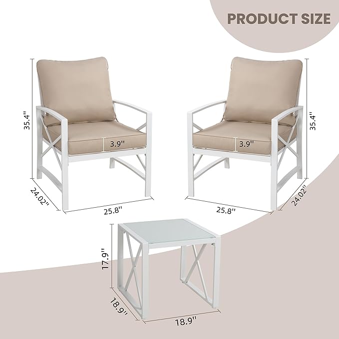 Shintenchi 3 Piece White Metal Outdoor Furniture Sectional Set, Modern Outdoor Metal Chair Conversation Furniture Set with Coffee Table for Patio,Backyard,Balcony (Khaki)