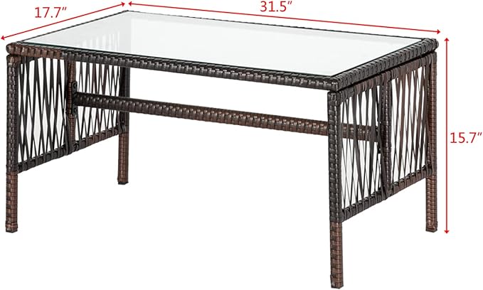 Outvita 4 Pieces Patio Furniture Set, Rattan Conversation Sets with Loveseat Soft Cushion and Glass Table for Garden Backyard Balcony Porch Poolside (Brown)