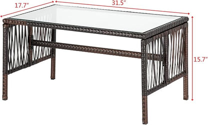 Outvita 4 Pieces Patio Furniture Set, Rattan Conversation Sets with Loveseat Soft Cushion and Glass Table for Garden Backyard Balcony Porch Poolside (Brown)