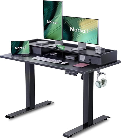Marsail Electric Standing Desk with Double Drawers, 55x24 Inches Height Adjustable Desk with Storage Shelf,Sit Stand Desk with 4 Memory Preset,2 Hooks, Stand Up Desk for Home Office,Black