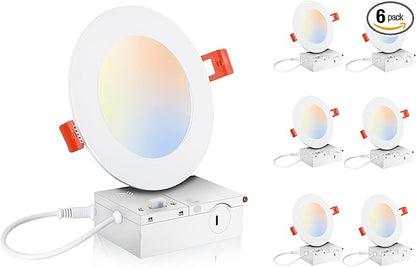 CLOUDY BAY 6 Pack 4 Inch 5CCT Ultra-Thin LED Recessed Ceiling Light with Junction Box,2700K/3000K/3500K/4000K/5000K Selectable,10W Dimmable Canless Wafer Downlight,White,650LM High Brightness