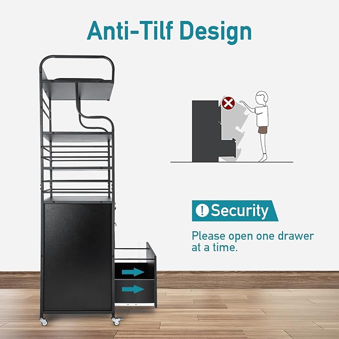 Vertical File Cabinet, 2 Drawer Mobile Filing Cabinet with 3 Bookshelf, Printer Stand with Open Storage Shelves Fits A4/Letter/Legal Size File Cabinets for Home Office Organizer, Black
